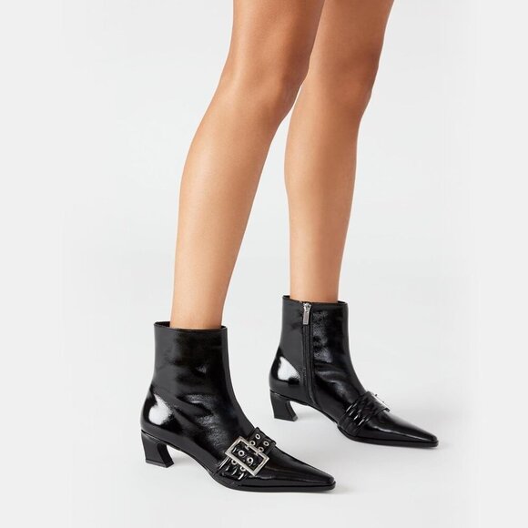 Buckle Black Ankle Boots Kitten Heel Pointed Toe Leather Fashion Dress Booties - Picture 3 of 9